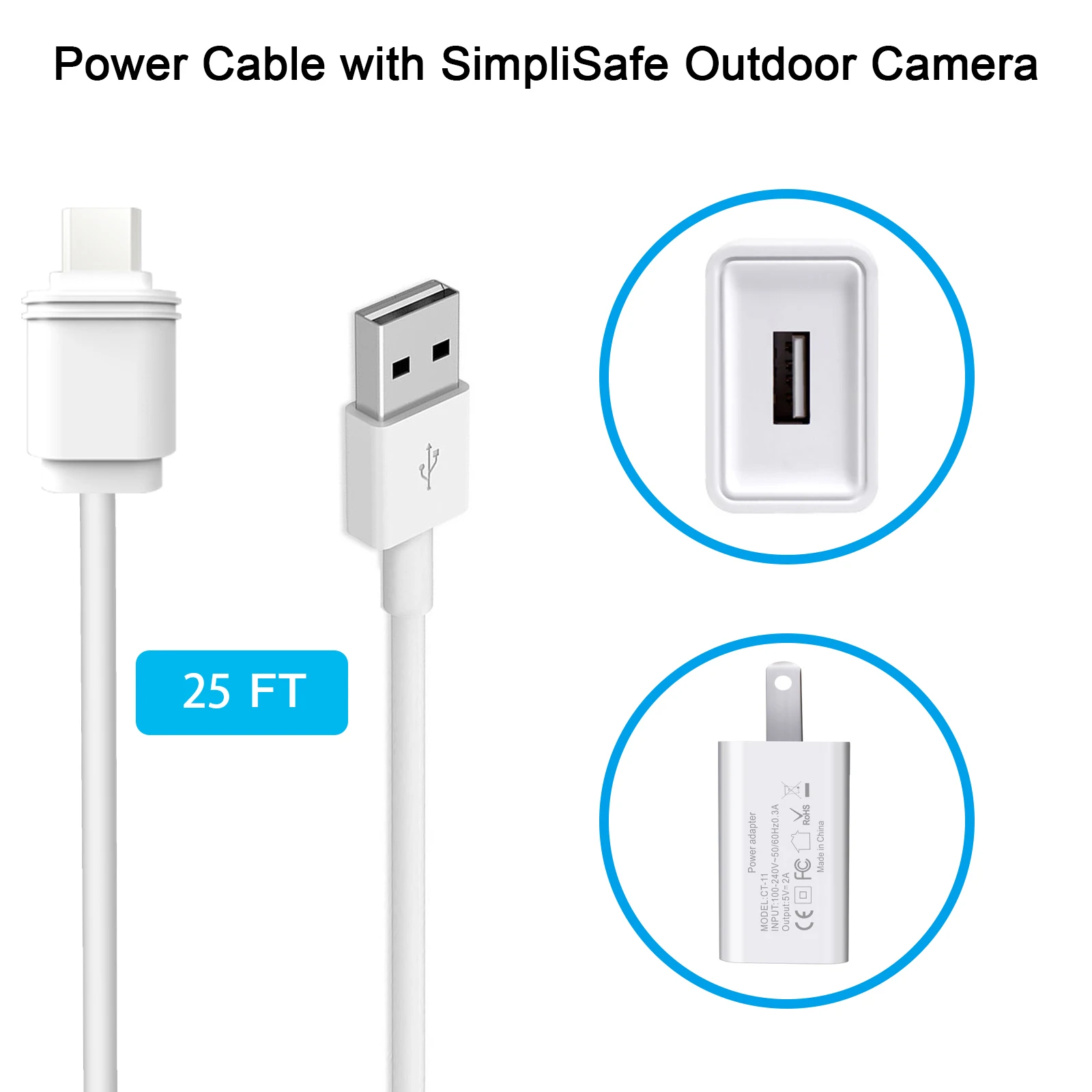 Outdoor Power Lead - 7.6m /25ft Charging Cable power for