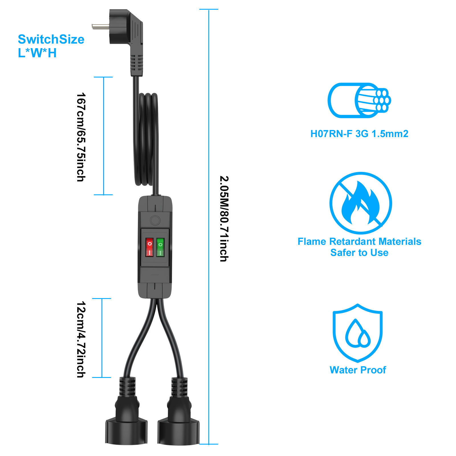 EU Plug Extension Cord with ON - Outdoor Power Lead recension och pris